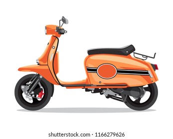 Vector orange retro scooter, flat style side view. Moped for delivery, scooter for tourism. Economical and ecological city transport. Vector illustration.