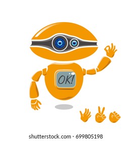 Vector orange robot is showing OK sign. Set of left hands gesture available.