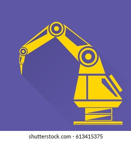 vector orange robotic arm symbol on blue background. robot hand. technology background design template.