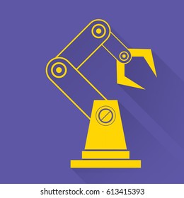 vector orange robotic arm symbol on blue background. robot hand. technology background design template.