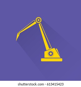 vector orange robotic arm symbol on blue background. robot hand. technology background design template.