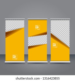 vector orange roll up banner stand design template set with place for photo and text. 