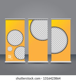 vector orange roll up banner stand design template set with place for photo and text. 