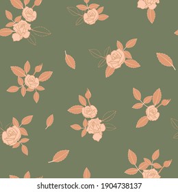 Vector orange roses in green background seamless pattern design