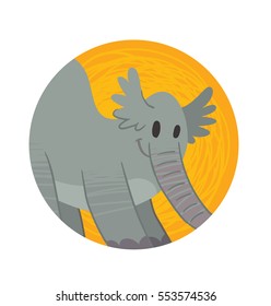 Vector orange round frame with cartoon image of a funny gray elephant standing arching his back and smiling in the center on a white background. Zoo. Vector illustration.