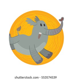 Vector orange round frame with cartoon image of a funny gray elephant running somewhere and smiling in the center on a white background. Zoo. Vector illustration.