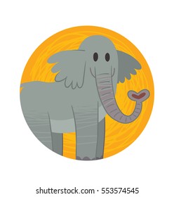 Vector orange round frame with cartoon image of a funny gray elephant standing and smiling in the center on a white background. Zoo. Vector illustration.