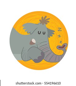 Vector orange round frame with cartoon image of a funny gray elephant lying on his stomach and sleeping in the center on a white background. Zoo. Vector illustration.