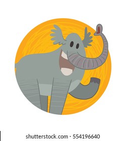 Vector orange round frame with cartoon image of a funny gray elephant standing, waving his leg and smiling in the center on a white background. Zoo. Vector illustration.