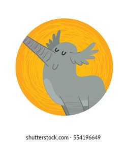 Vector orange round frame with cartoon image of a funny gray elephant standing and blowing in his trunk in the center on a white background. Zoo. Vector illustration.