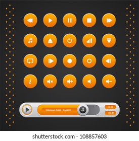 Vector Orange Round Media Player Buttons And Audio Player Isolated On Background