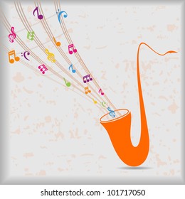 vector orange saxophone -with colorful music notes background
