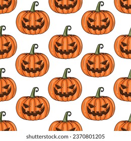 Vector Orange Scary Smiling Halloween pumpkins Seamless Pattern Repeatable Creepy Pumpkins Backdrop for Halloween Holiday repeatable and printable texture Trick or Treat Wallpaper, Wrapping Paper