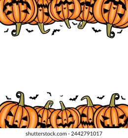 Vector Orange Scary Smiling Halloween pumpkins Frame Template Isolated on White Background. Creative Design for Halloween Holiday printable signboard frame design for Trick or Treat or Thanksgiving. 