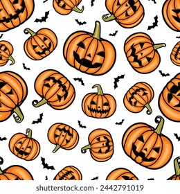 Vector Orange Scary Smiling Halloween pumpkins Seamless Pattern Repeatable Creepy Pumpkins Backdrop for Halloween Holiday repeatable and printable texture Trick or Treat Wallpaper, Wrapping Paper