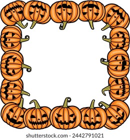 Vector Orange Scary Smiling Halloween pumpkins Frame Template Isolated on White Background. Creative Design for Halloween Holiday printable signboard frame design for Trick or Treat or Thanksgiving. 