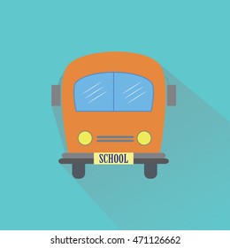 Vector orange  school bus icon with turquoise green background and long shadow, flat, isolated, symbol, transport 