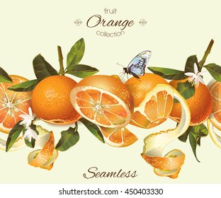 Vector orange seamless horizontal border. Background design for juice, tea, natural cosmetics, bakery with orange filling, farmers market, grocery ,health care products. Best for packaging design.