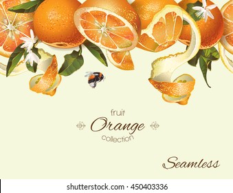 Vector orange seamless horizontal border. Background design for juice, tea, natural cosmetics, bakery with orange filling, farmers market, grocery ,health care products. Best for packaging design.