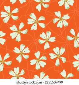 Vector orange seamless pattern background. Floral Sailing. Stylized blossoms scattered on a strong orange background which is crossed by decently outlined flowers. Part of First Floral collection.