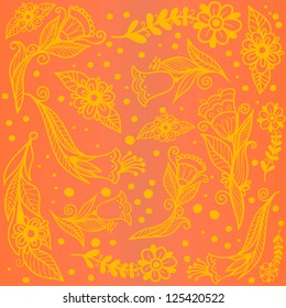 Vector orange seamless pattern with cartoon flowers.