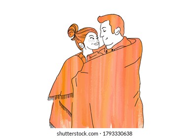 Vector orange seasonal autumn illustration. Romantic couple in love hugging under the warm blanket isolated on white background