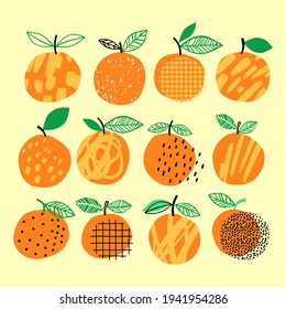 Vector orange set illustration. Hand drawn orange summer collection. Bright citrus design