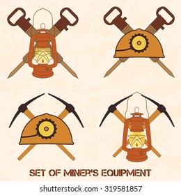 Vector orange set from mine tools and equipment. Helmet, lantern, jackhammers and picks. Element for your design, safety posters and other industrial projects.