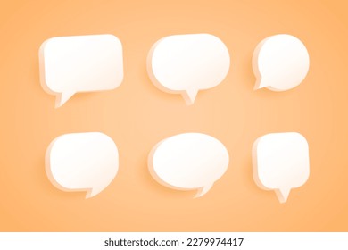 Vector orange set of white speech bubbles icons. Concept sticker banner. Bubbles of different geometric shapes for chats in 3D style.