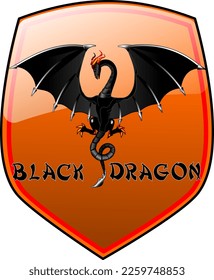 Vector orange shield with highlighted black dragon. Illustrative art, amazing illustration, cute and adorable! The best vector dragon made on whim! Decoration for halloween night! God is good!