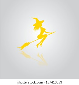 vector orange silhouette of Witch flying on witch broom. halloween icon