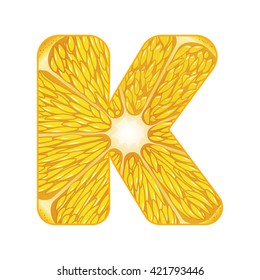 Vector orange slice alphabet on a white 
isolated background. bloomer K. Letter with orange slice