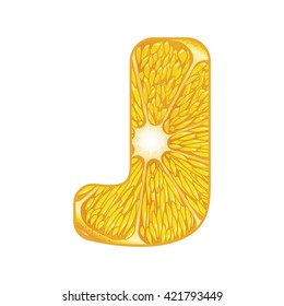 Vector orange slice alphabet on a white 
isolated background. bloomer J. Letter whith orange slice