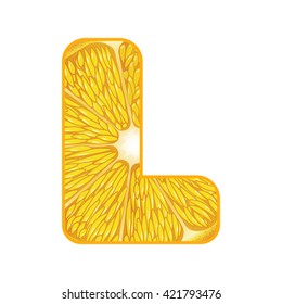 Vector orange slice alphabet on a white 
isolated background. bloomer L. Letter whith orange slice