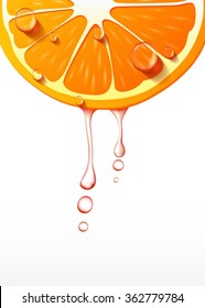 Vector orange slice, drops of juicy, realistic design, minimalistic style, isolated orange on a white background.