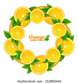 Vector orange slices and leaves round frame