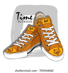 Vector orange sneakers with fox.