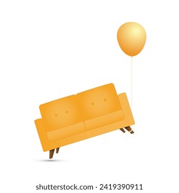 Vector orange sofa is tied by a leg to a balloon and almost took off. The concept of light transportation. Easy transfer with professional movers.