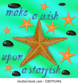 Vector Orange Starfish and Stones on Azure Wave Water Background. Positive Summer Banner with Grunge Lettering
