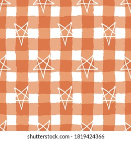 Vector orange stars pentagrams seamless pattern gingham
