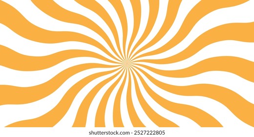 Vector orange sun rays and sunburst backdrop background. Sunbeam sunrise burst illustration with spiral sunray and striped pattern