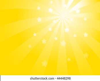 Vector Orange Sunburst Background with Snowflakes Falling