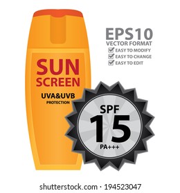 Vector : Orange Sunscreen UVA and UVB Protection Container With Black SPF 15 PA+++ Isolated on White Background