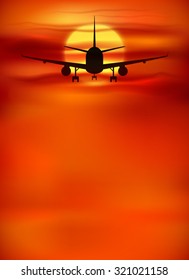Vector orange sunset background with black plane silhouette