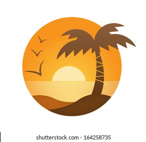 vector orange sunset, palm, sea in the circle