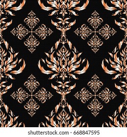 Vector orange texture. Stylized background with rhombus and nodes. Abstract geometric pattern. Geometric seamless pattern on a black background.