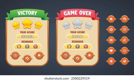 Vector orange theme deluxe game UI kit. Set of victory and gameover menu scene pop up, icons, and round buttons.