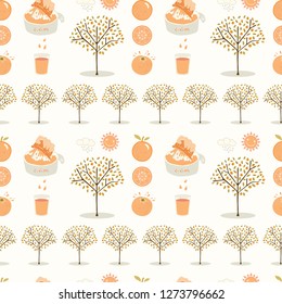 Vector orange tree grove. Hand drawn seamless vector pattern illustration.  Organic garden with juicy oranges, citrus fruit and freshly squeezed juice for growing produce farm backdrop.