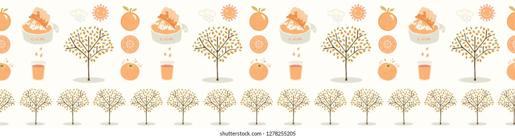 Vector orange tree grove. Hand drawn seamless vector border illustration. Organic garden with juicy oranges, citrus fruit. Freshly squeezed juice for growing produce farm banner ribbon, washi tape.
