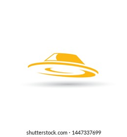 vector orange vintage Ufo flying saucer icon isolated on white background. Ufo logo or label design template. UFO day poster